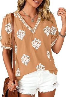 BTFBM T-Shirts d'été décontractés pour Femme, Vacances à la Plage, vêtements à Manches Courtes, Chemisiers, col en V, Tunique bohème