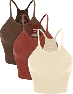 ODODOS Women's Crop 3-Pack Seamless Rib-Knit Camisole Crop Tank Tops