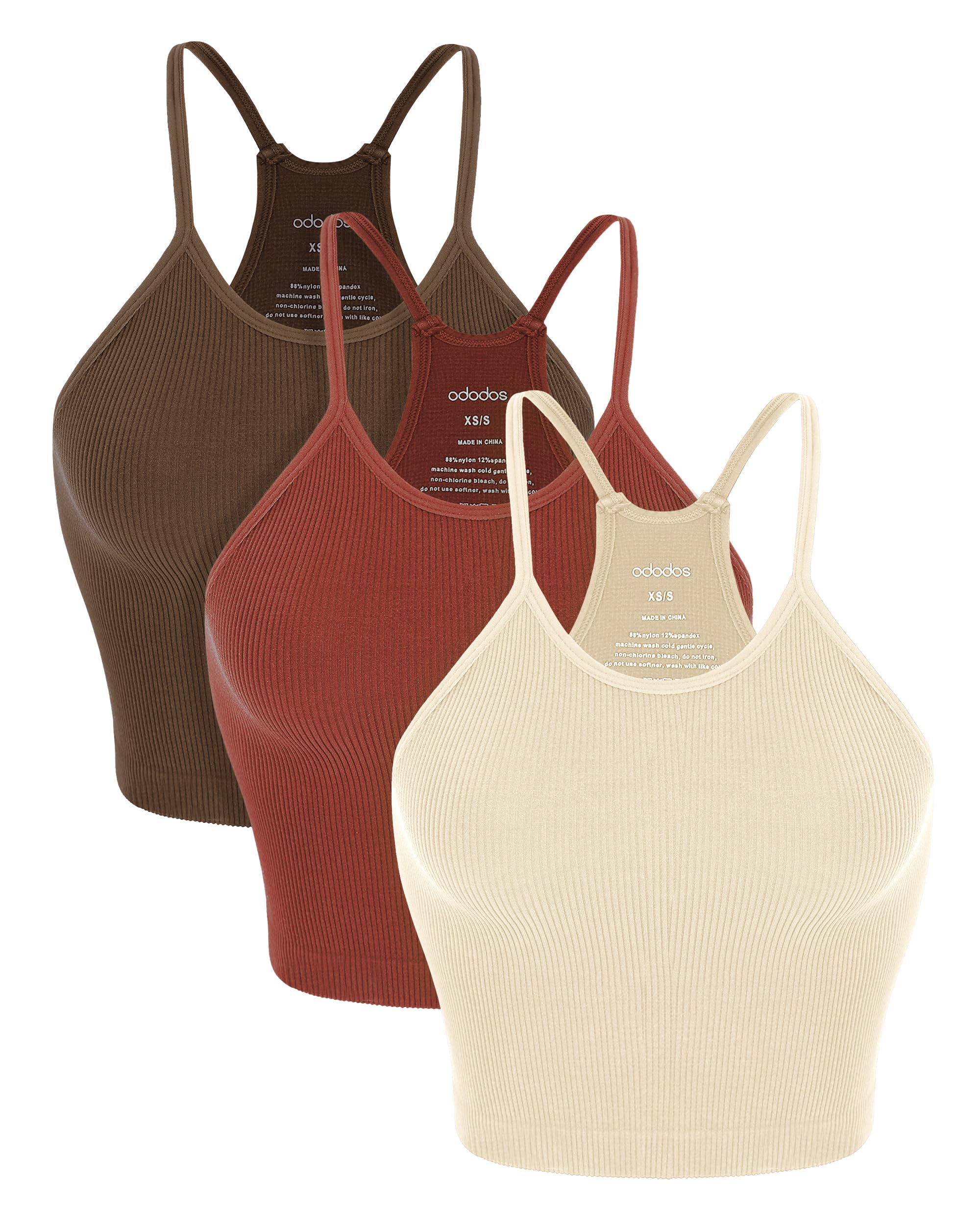 ODODOS Women's Crop 3-Pack Seamless Rib-Knit Camisole Crop Tank Tops