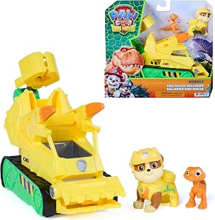 Paw Patrol The Dino Movie Rubble Dino Rescue Bulldozer Toy Truck | 7-Inch Toy Construction Vehicle, Chomping Front Scoop, Articulated Back Claw, Rubble & Dinosaur Figures, Kids Toys Ages 3+