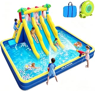 ELEMARA 20.66x16.4FT Inflatable Water Slide, 3 Extra-long Slides & Climbing Wall, Backyard Water Park with Double-layer Pool, 2 Water Cannons & Spraying Function, Includes 750W Air Blower for Big Kids