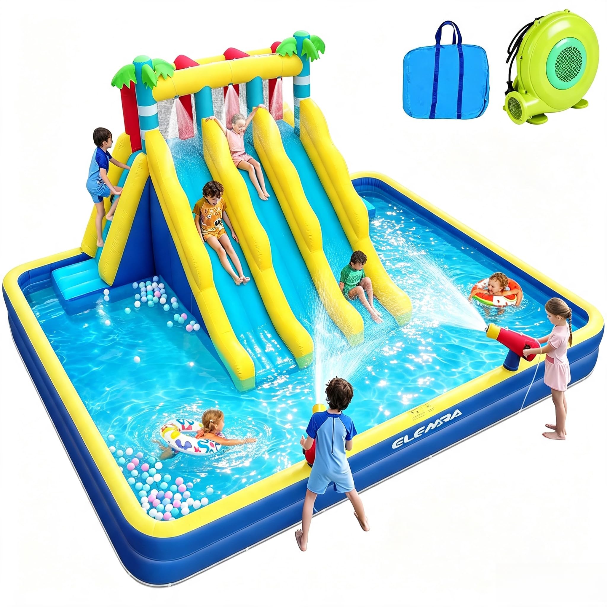 ELEMARA 20.66x16.4FT Inflatable Water Slide, 3 Extra-long Slides & Climbing Wall
