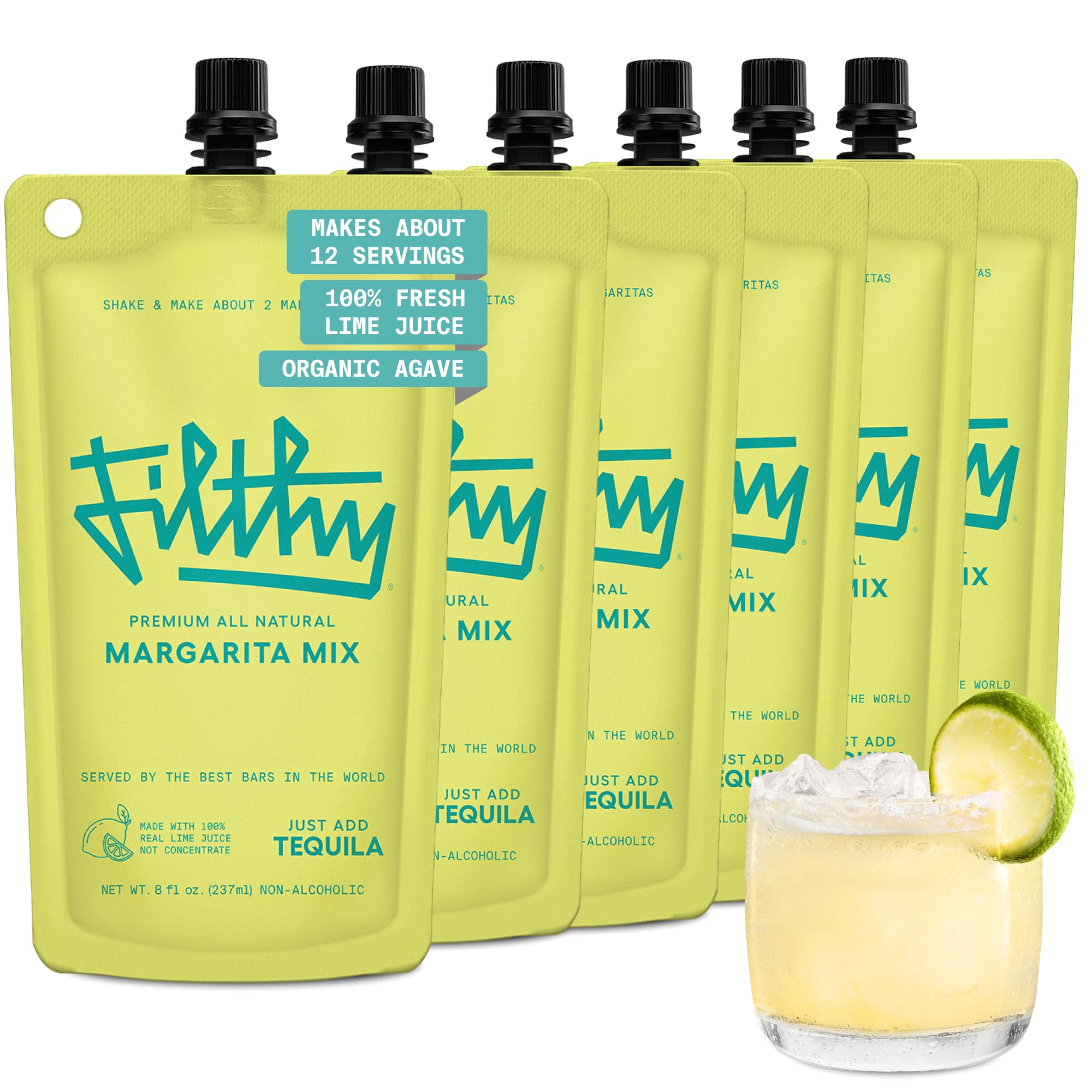 Filthy Margarita Mix, Premium Cocktail Mixer - 8 Oz Pouch, 6 Pack | All-Natural 