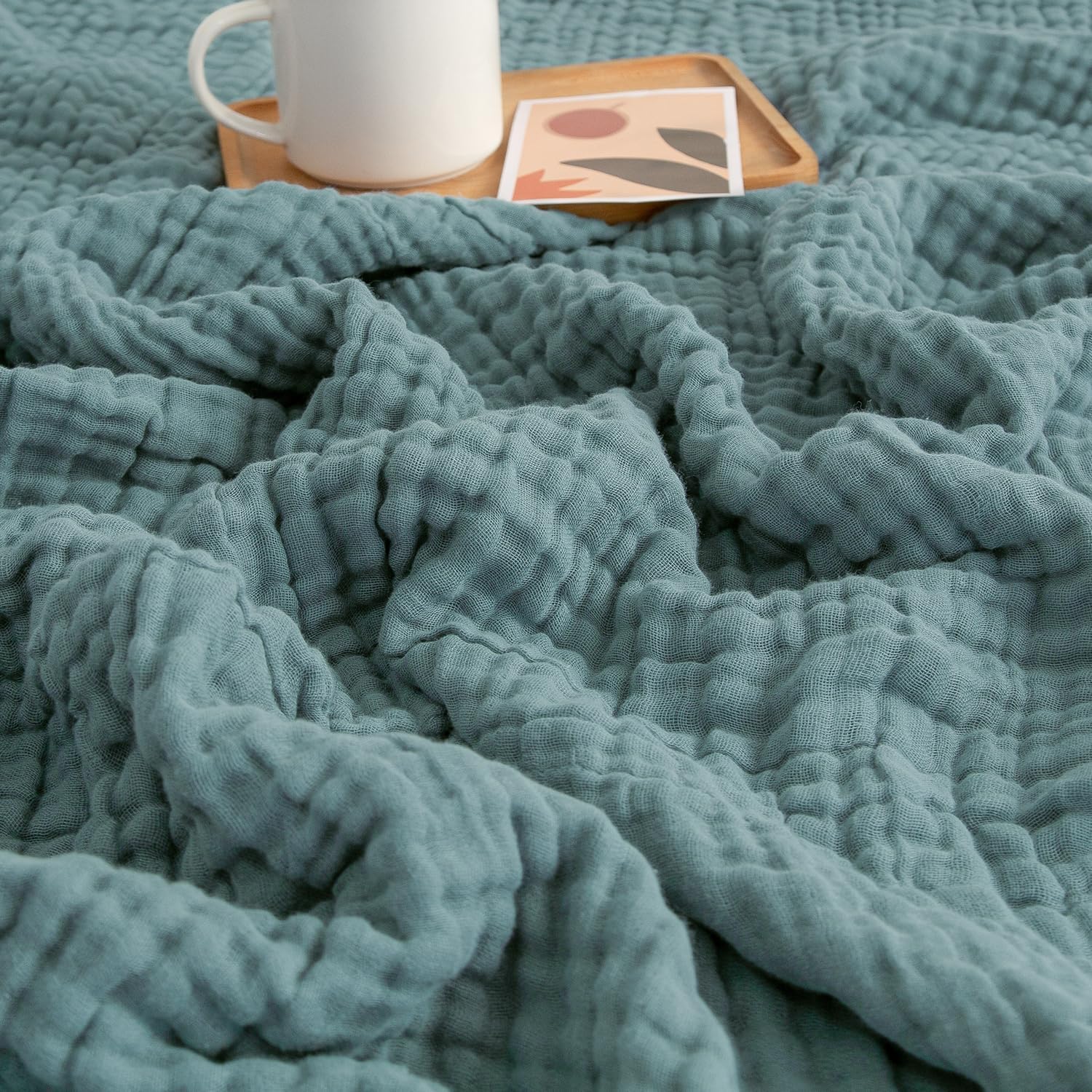 EMME Muslin Throw Blankets for Adults Couch 100% Cotton Soft Teal 50"x71" | Ligh