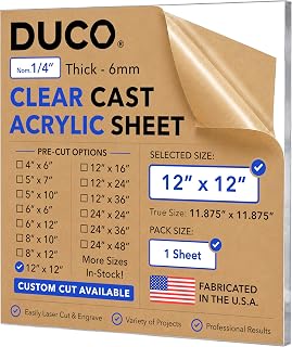 Duco 1/4" Clear Cast Acrylic Sheet, 12"x12" Plexiglass Sheet | Stronger Than Glass, Laser Cutting & Engraving, UV-Stable, Durable & Shatter-Resistant Acrylic Board for Windows, Signs, DIY
