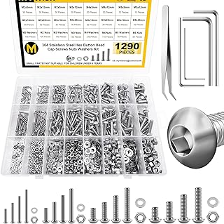 Mywish 1290 Pieces M2 M3 M4 M5 Screw Nuts and Bolts Assortment Kit, Metric Screws 304 Stainless Steel Button Head Socket Cap Metric Screw Assortment with Flat Washers/Nuts/Hex Wrenches 16 Sizes