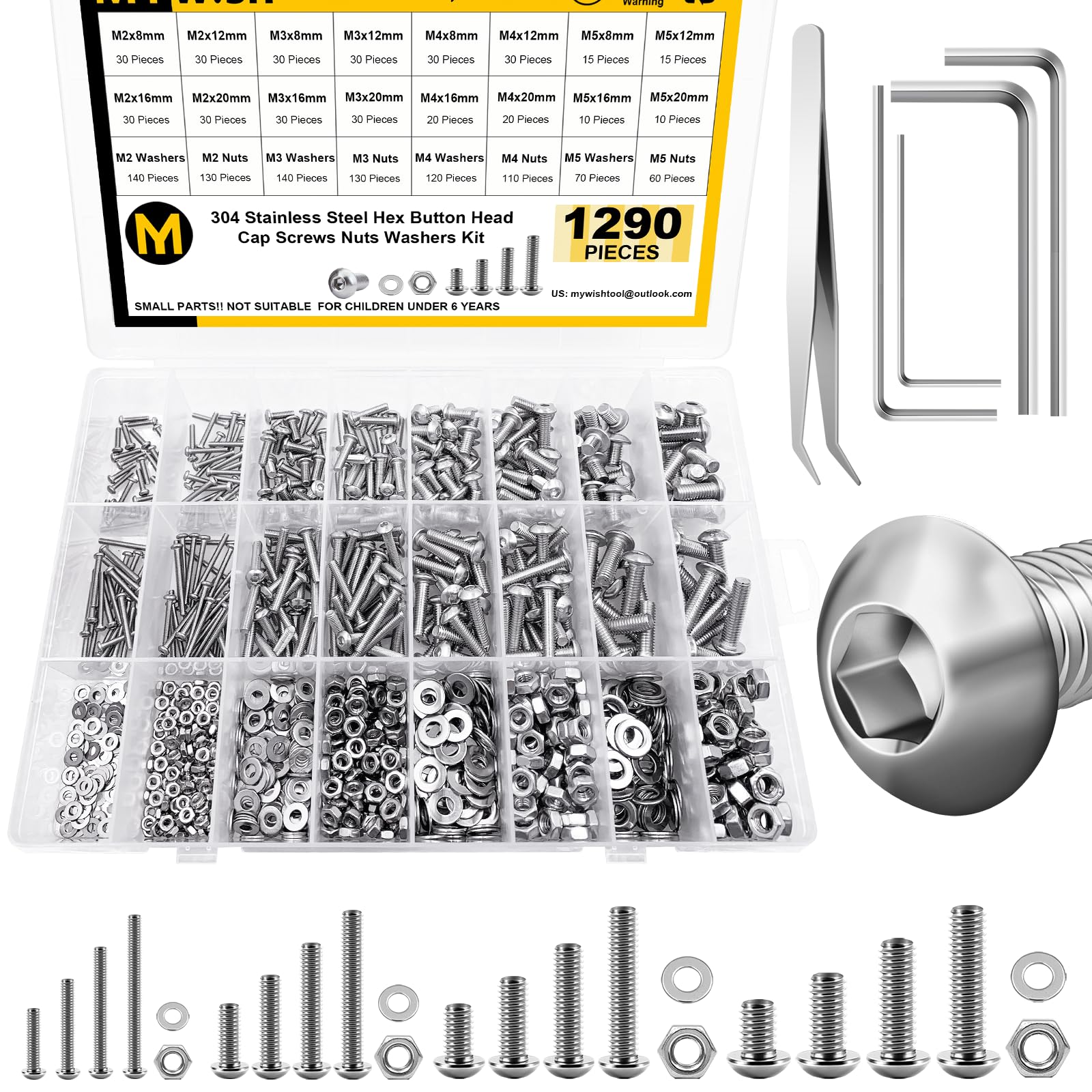 Mywish 1290 Pieces M2 M3 M4 M5 Screw Nuts and Bolts Assortment Kit, Metric Screw