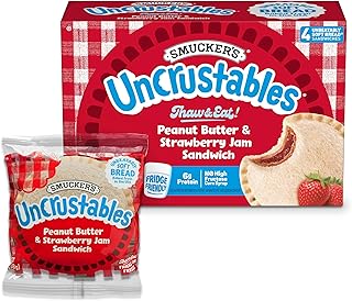 Smucker’s Uncrustables Peanut Butter & Strawberry Jam Frozen Sandwiches, 4 | 2-oz. sandwiches, Fridge Friendly for up to 5 days, Unbeatably Soft Bread baked with no artificial preservatives