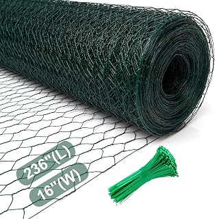 Chicken Wire for Floral Arrangements 16 x 236 Inches with 100pcs Ties | Green Floral Chicken Wire Mesh, 0.6 Inch Hexagonal Galvanized PVC Coated Garden Mesh Netting Fence for Crafts Poultry Garden