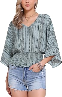 Allegra K Boho Top for Women's Chiffon Smocked Batwing Dolman Sleeve Blouse