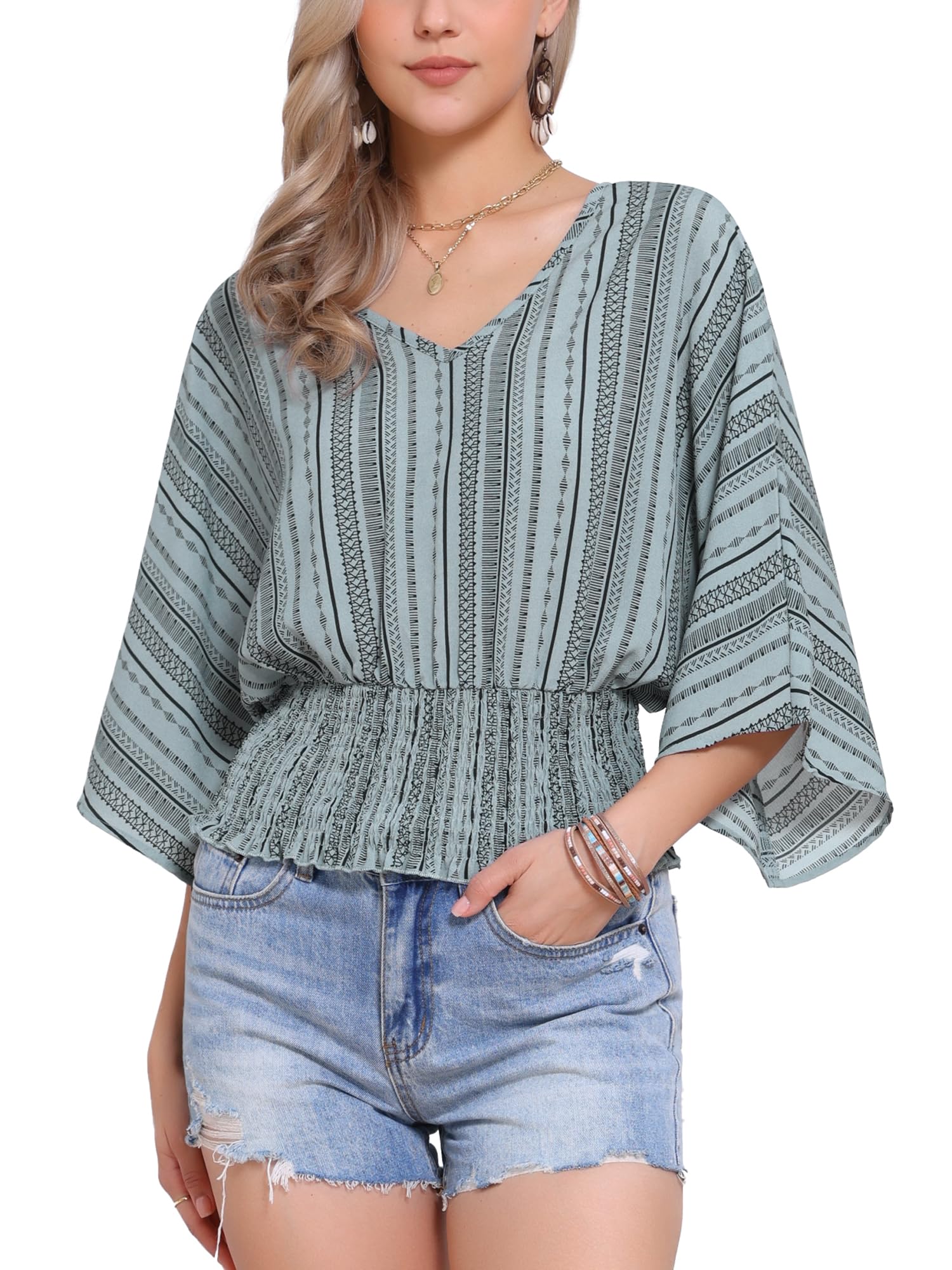 Allegra K Boho Top for Women's Chiffon Smocked Batwing Dolman Sleeve Blouse