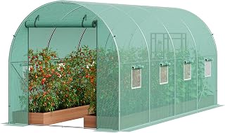 VEVOR Walk In Tunnel Greenhouse 14.6 x 6.4 x 6.3 ft Galvanized Steel Frame | for Outdoor Gardens, Green PE Cover Retains Warmth, Roll Up Zipper Door, 8 Ventilation Windows, Plant Growing Hoop House