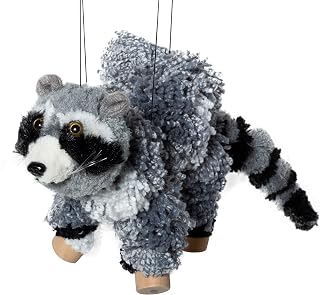 Artisan Owl Raccoon Marionette Puppet - Soft Yarn Body with Wooden Feet, Detachable Strings