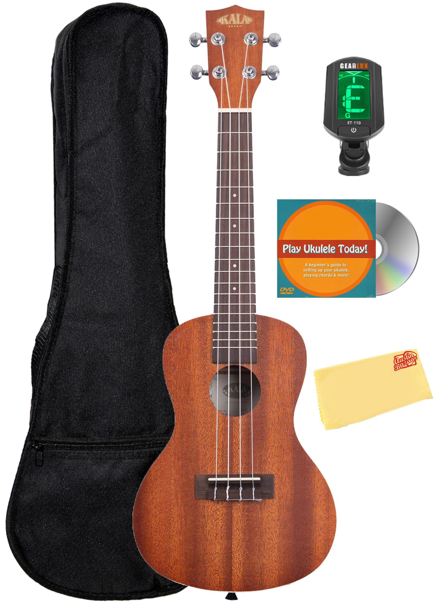 Kala KA-C Mahogany Concert Ukulele Bundle with Gig Bag, Tuner, Austin Bazaar Ins