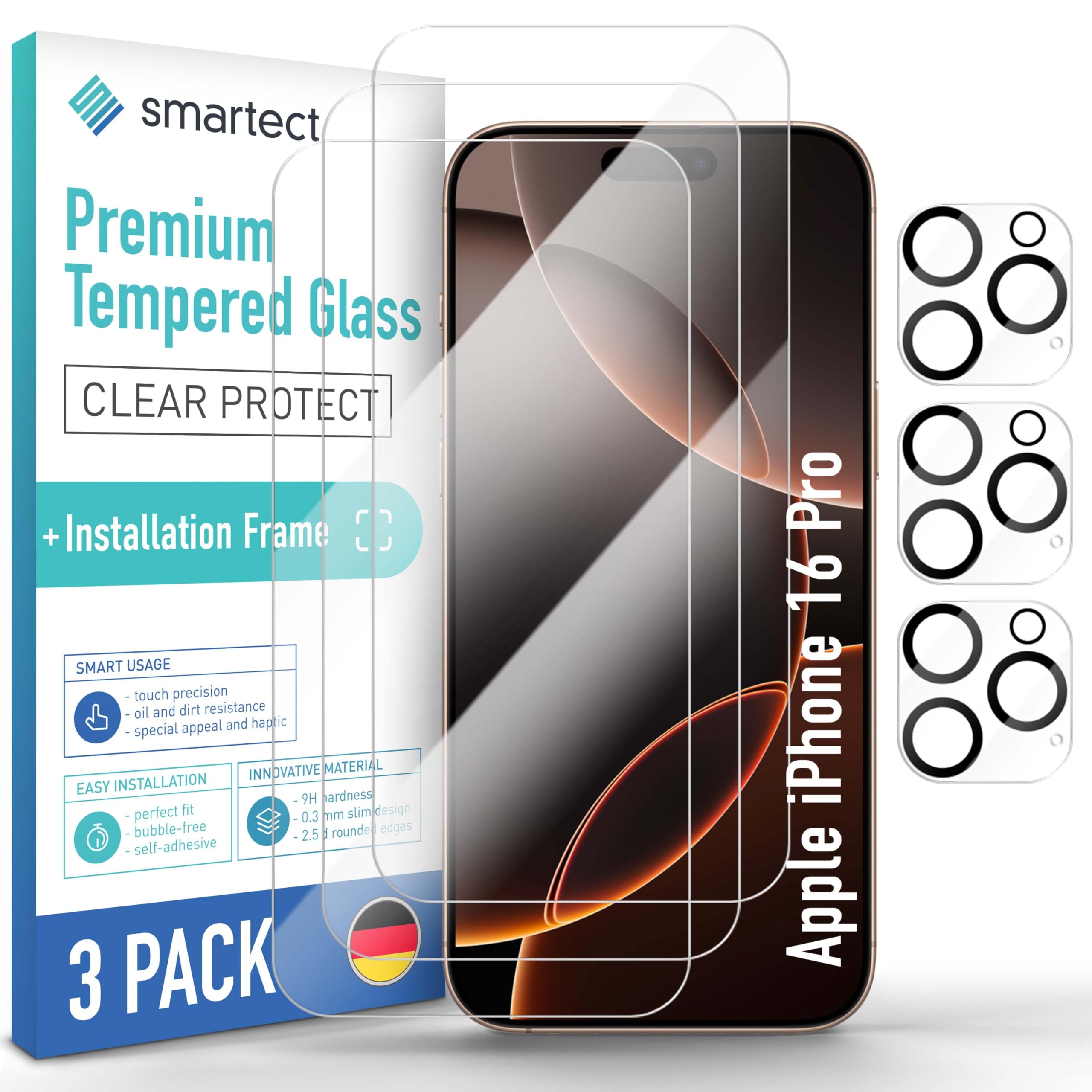 smartect Tempered Glass 3 + 3 Pieces for iPhone 16 Pro