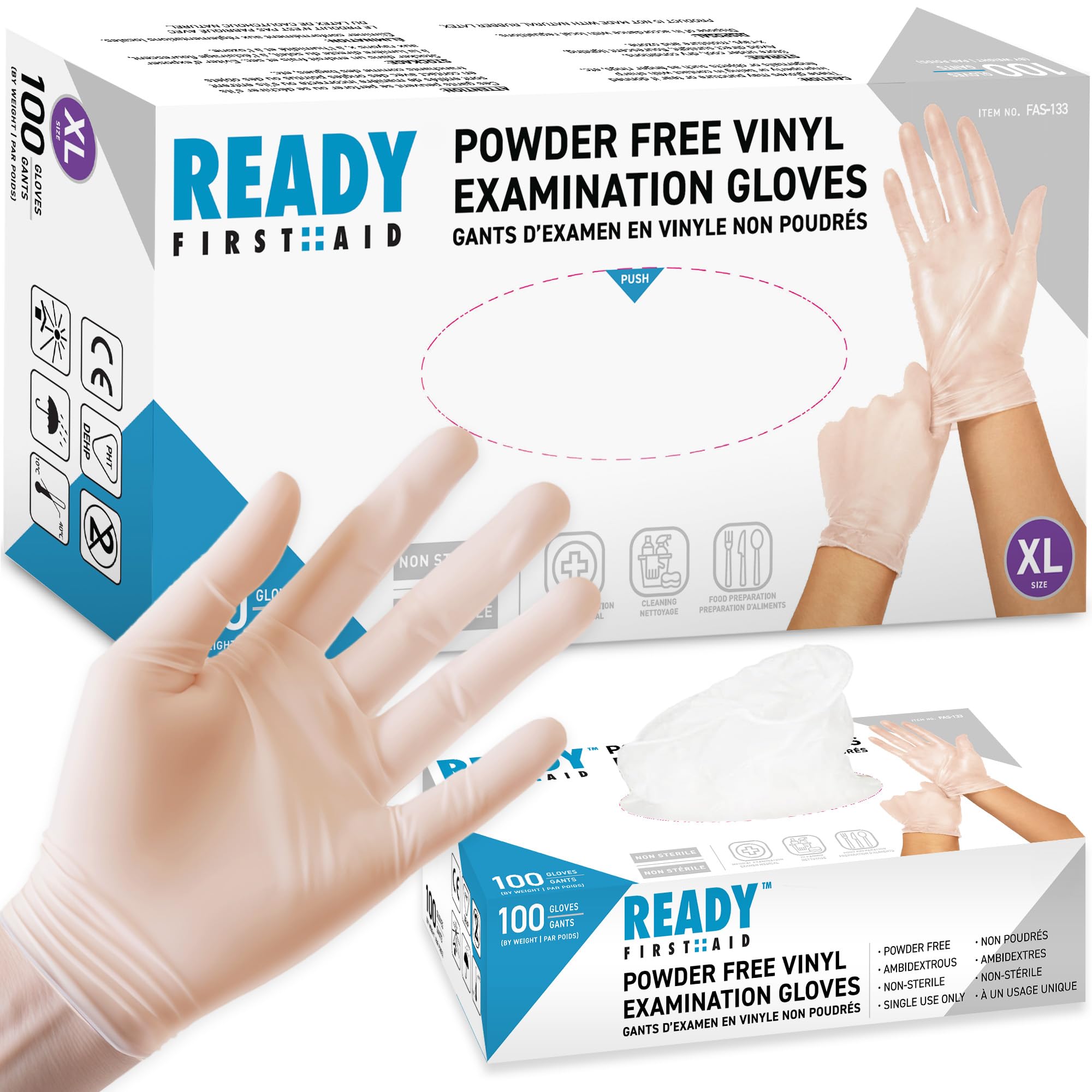 Ready First Aid Vinyl Gloves, Clear Disposable Gloves (100 Pieces, X-Large) | Me