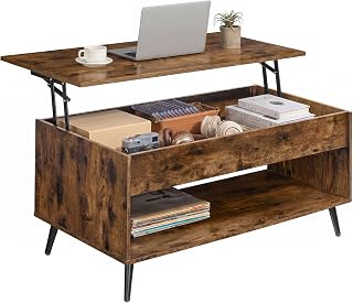 VASAGLE Lift Top Coffee Table, Lift Tabletop Dining Table, Gas Spring, Hidden Compartment, Open Storage Shelf, for Living Room, Home Office, Rustic Brown and Matte Black ULCT267KD01