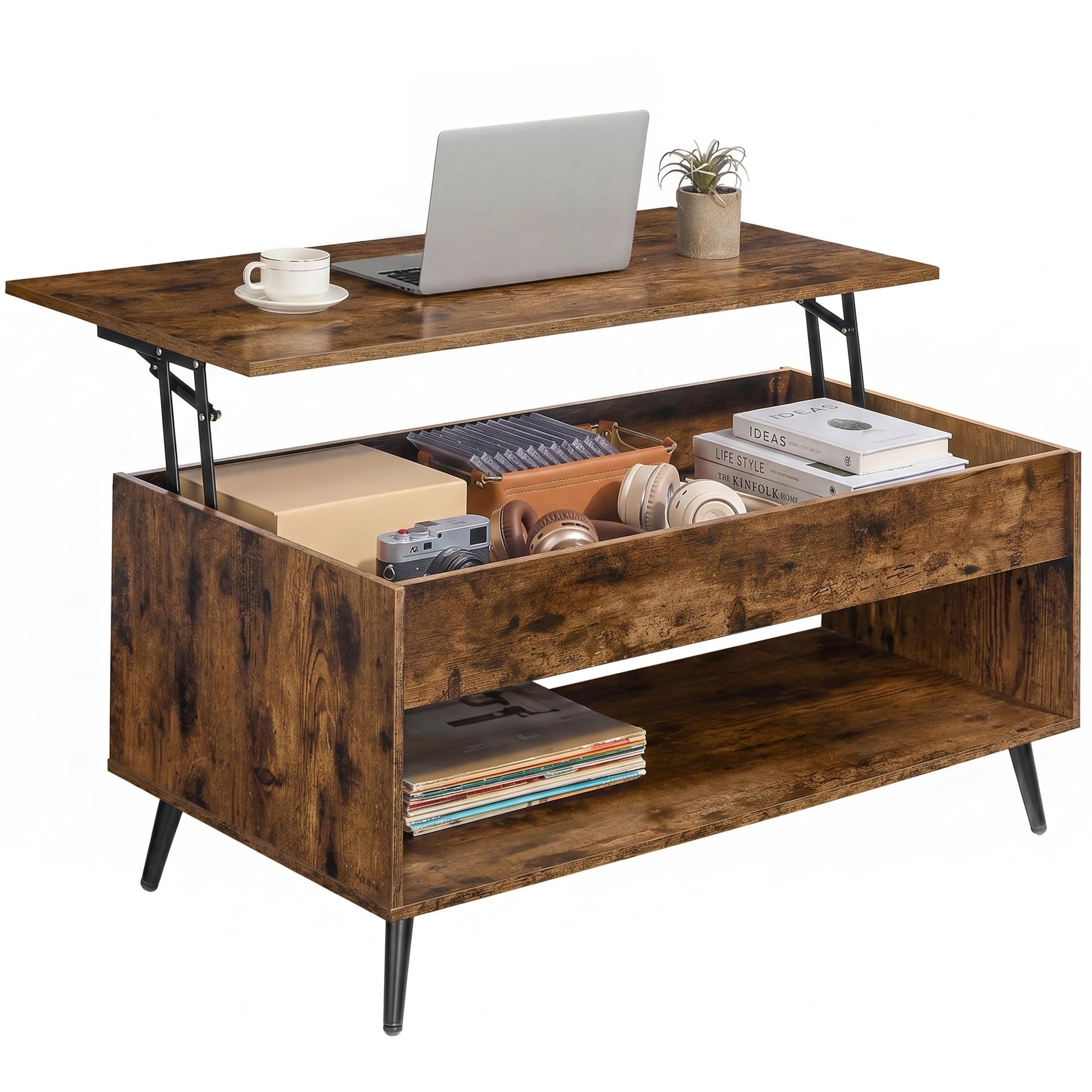 VASAGLE Lift Top Coffee Table, Lift Tabletop Dining Table, Gas Spring, Hidden Co