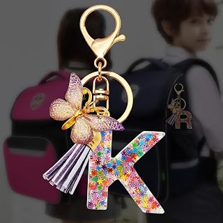 Initial Letter Keychain for Women Girls Gift Tassel Cute Butterfly Alphabet Pendant Keyring Backpack School Bag