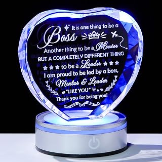 Laser Engraved Heart Crystal Plaque Appreciation Gifts for Men and Women with Color Changing LED Base Thank You Retirement Gift Goodbye to Boss