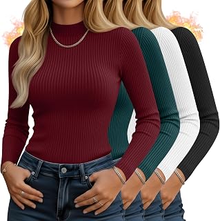 4 Pcs Womens Ribbed Thermal Mockneck Long Sleeve Tops