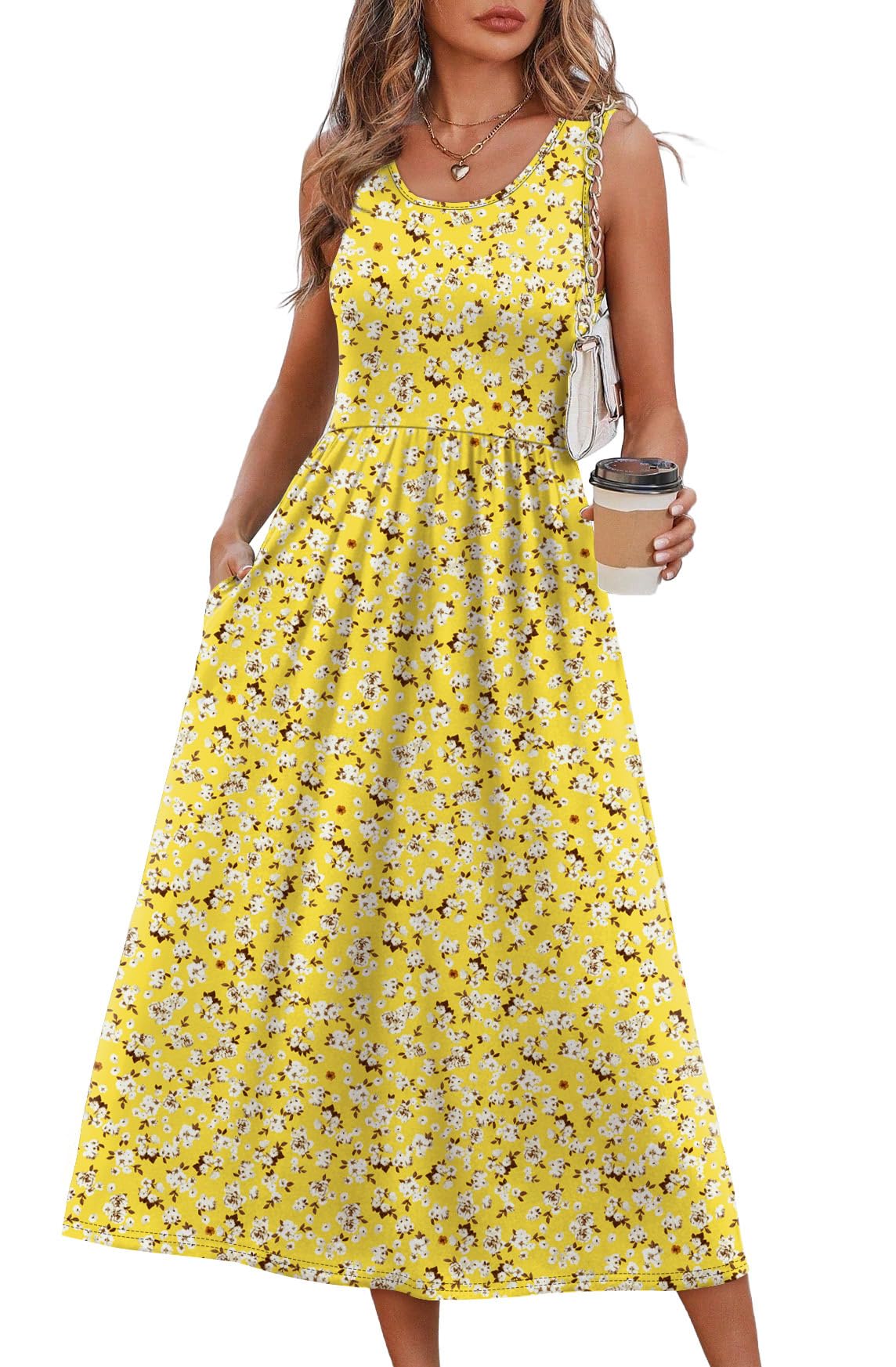 WIHOLL Women Summer Sleeveless Casual Loose Maxi Dress with Pockets Beach Holida