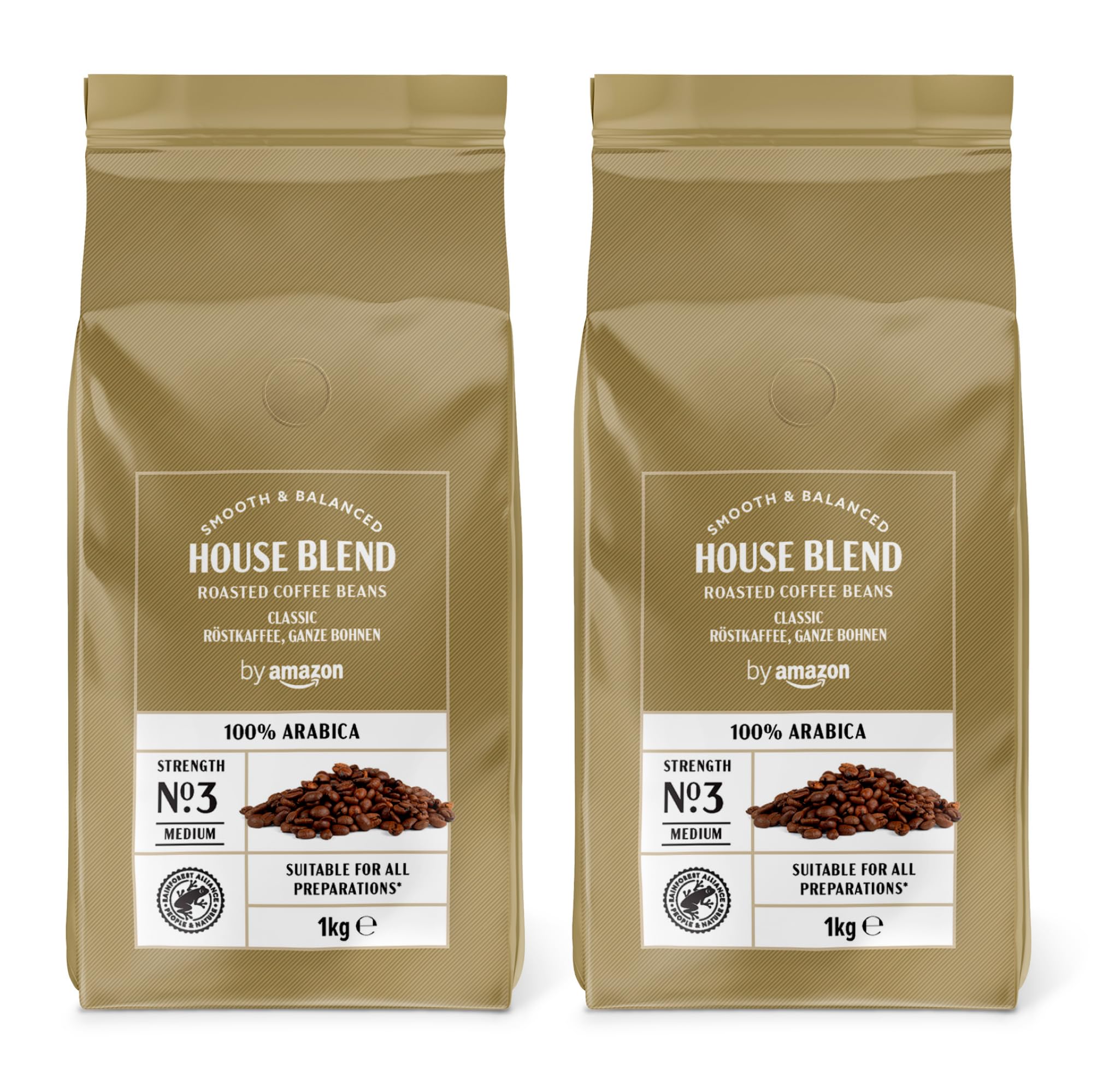 by Amazon House Blend Coffee Beans, Medium Roast, 2kg (2 Packs of 1kg), Rainfore