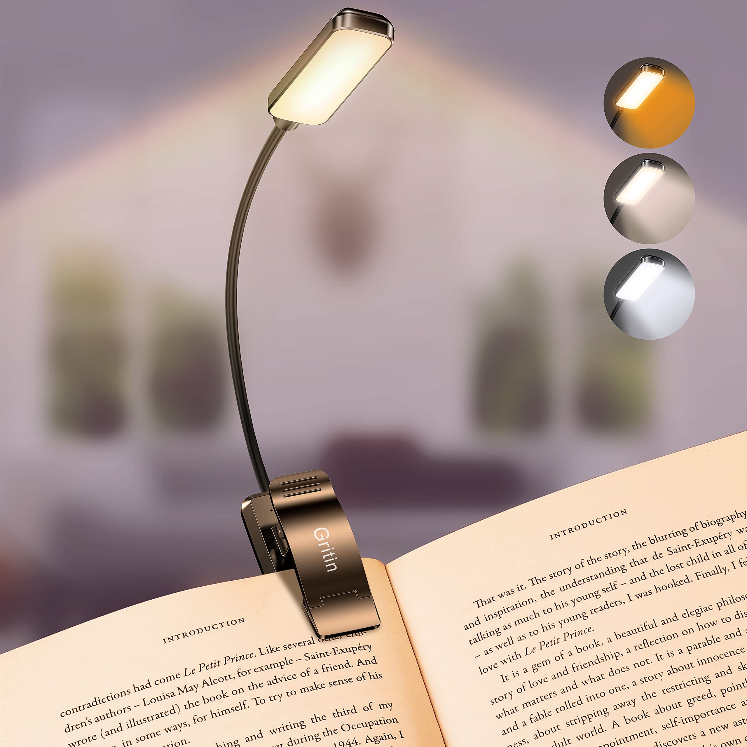 Gritin 9 LED Rechargeable Book Light for Reading in Bed | Eye Caring 3 Color Tem