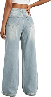 EMMIOL Vintage Denim Jeans with Pockets, Baggy Jeans, Women's, Vintage Wide Leg, Straight Denim Pants, Women's Casual Trousers