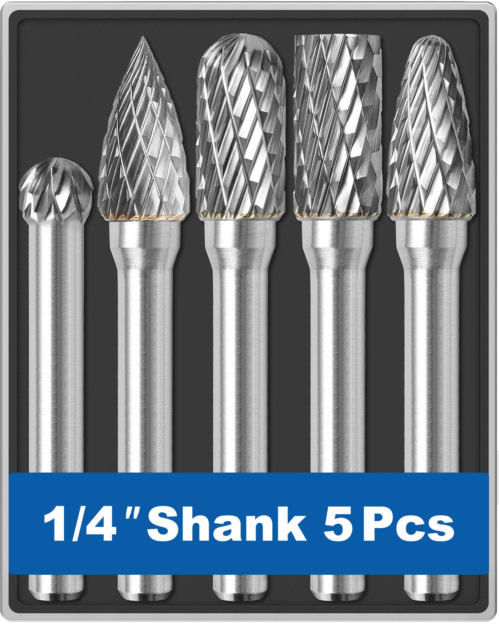 Sworker 5Pcs Carbide Burr Set 1/4 Shank w/Clear Box Head Dia 8mm Die Grinder Bit