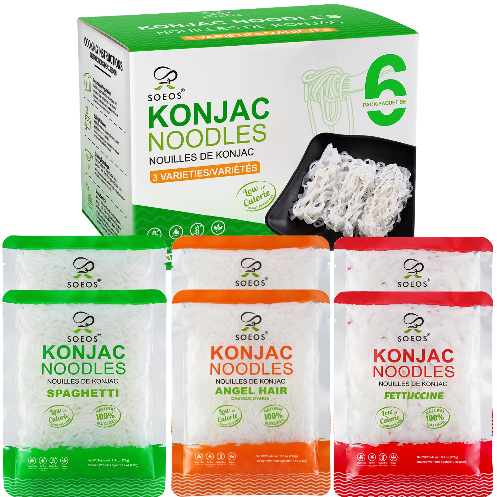 Soeos Konjac Noodles, Shirataki Noodle, Low Calorie, Keto and Paleo Friendly, 3 