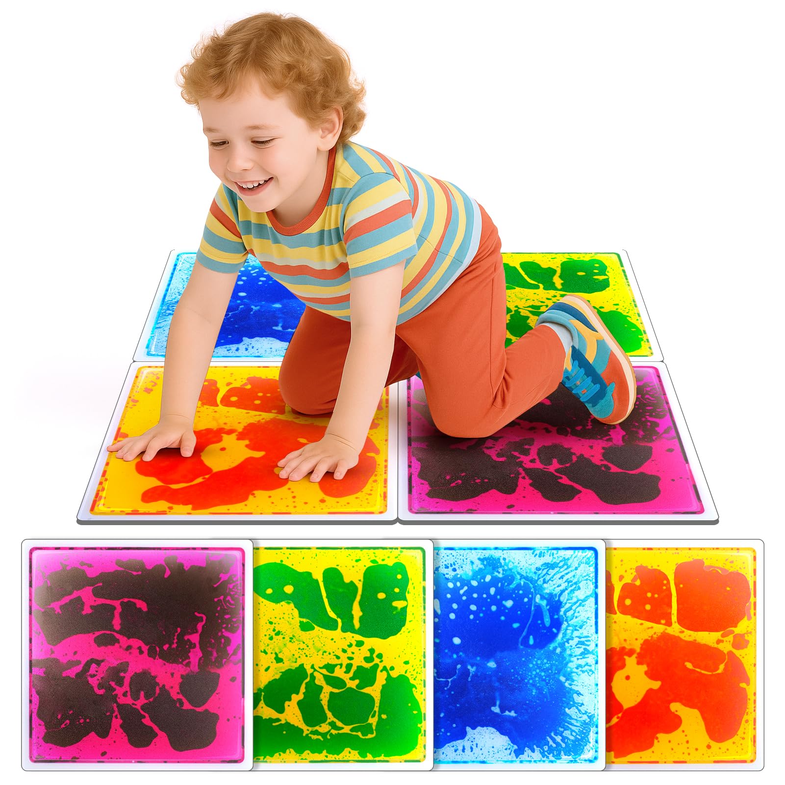 Sensory Floor Tiles for Kids Toddlers: 4Pack Liquid Sensory Mat Puzzle Pads | 12