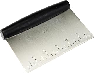 Amazon Basics Multi-Purpose Bench Scraper, Stainless Steel Dough Cutter with Measurement Marks, Dishwasher Safe, Non-slip Contoured Grip, 6", Black, Silver