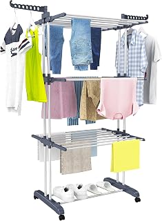 Indoor Outdoor Clothes Airer, 4 Levels Foldable Clothes Dryer, Grey | Stainless Steel Large Clothes Dryer with Wheels