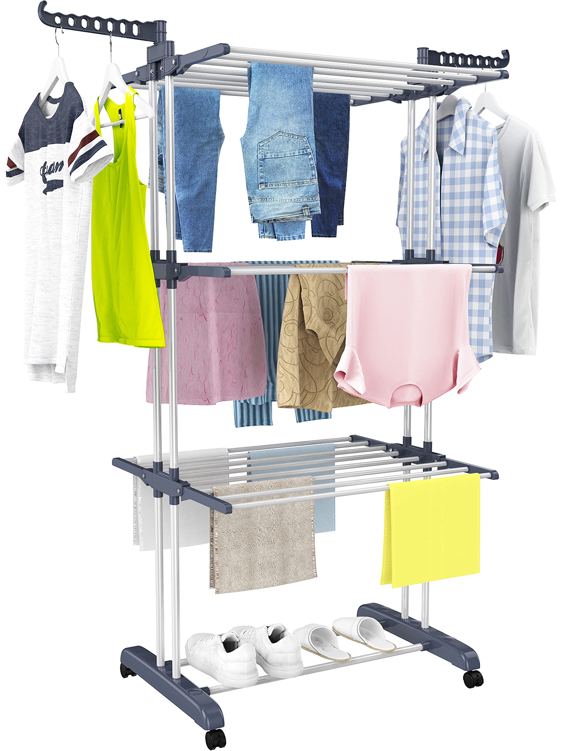 Indoor Outdoor Clothes Airer, 4 Levels Foldable Clothes Dryer, Grey | Stainless 