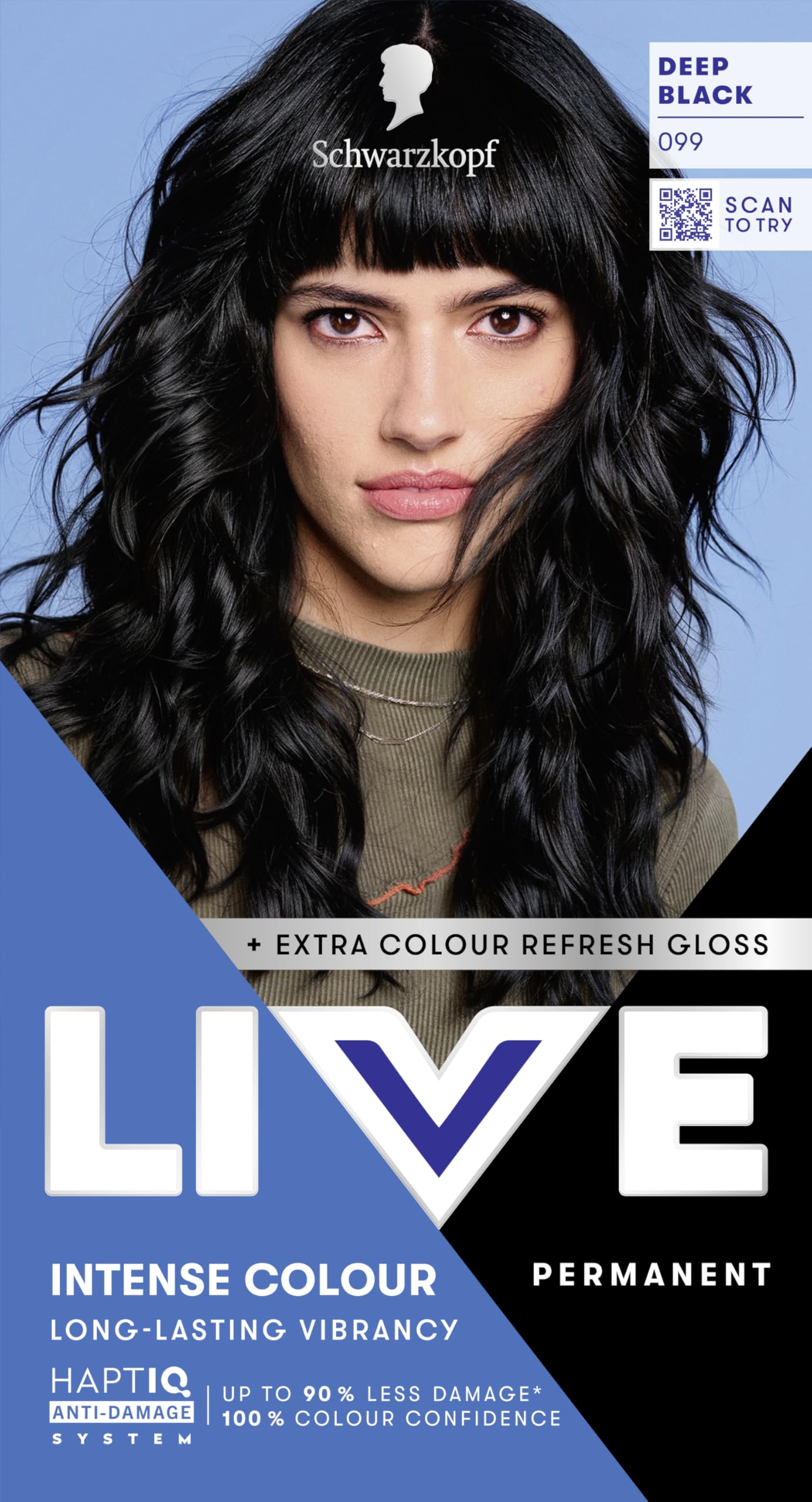 Schwarzkopf LIVE Intense Colour Hair Dye, 099 Deep Black | Permanent Black Hair 