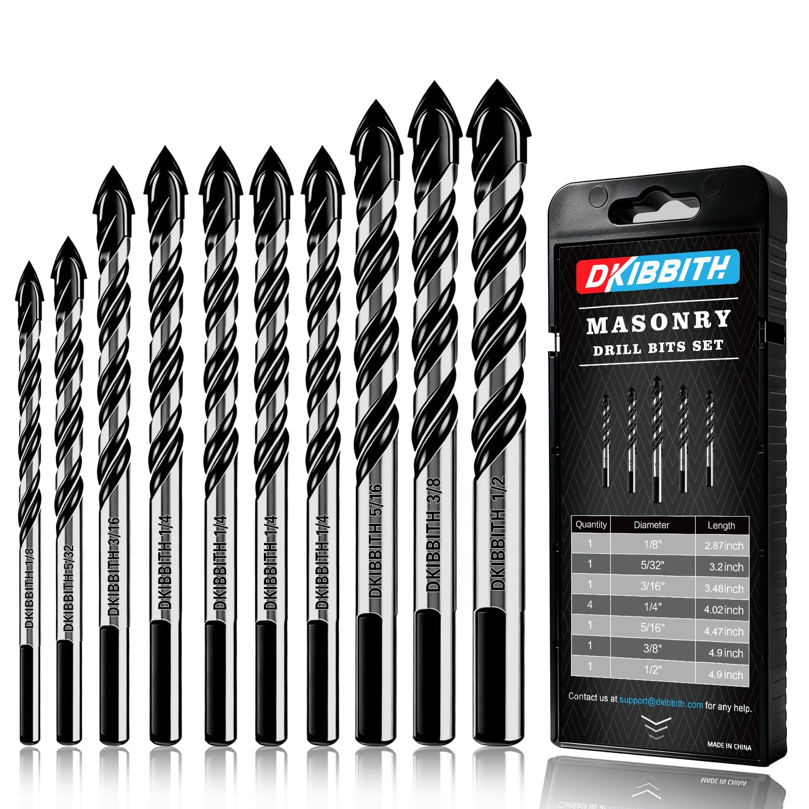 10-Piece Masonry Drill Bit Set for Concrete Tile Glass Ceramic Brick,1/8 to 1/2 