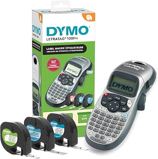 DYMO Label Maker Machine with 3 Tapes - 100H LetraTag Handheld, Includes 3 LT Label Tapes, Perfect for Home & Office Organization