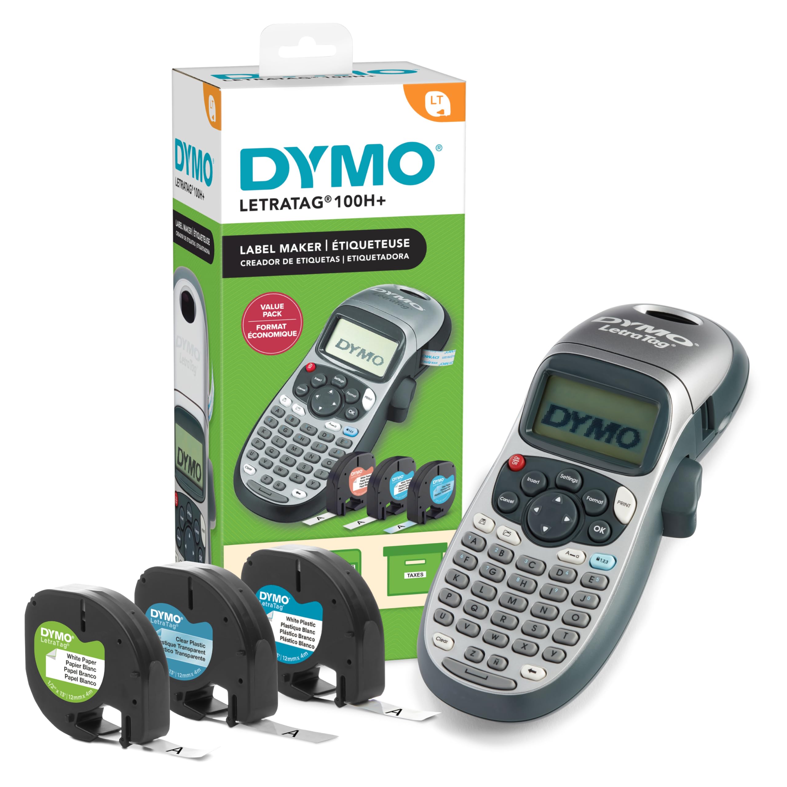 DYMO Label Maker Machine with 3 Tapes - 100H LetraTag Handheld, Includes 3 LT La