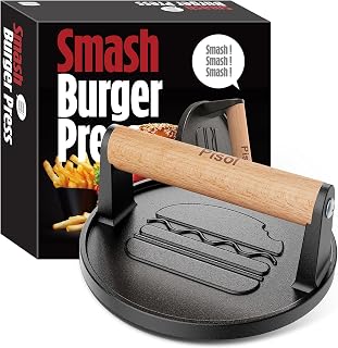Pisol Smash Burger Press, Cast Iron Steak Weight Meat Patty Press Tool | Rustproof, Pre-Seasoned, Flat Bottom, Wooden Handle, Dishwasher Safe, No Stick, Easy to Clean, 6.6'' Wide, Weighs 2 Pounds