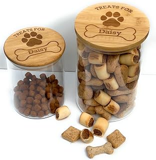 Dog treats jar personalised with name. Engraved Bamboo Lid. Pet treats storage .Airtight to keep treats fresh. (Standard)