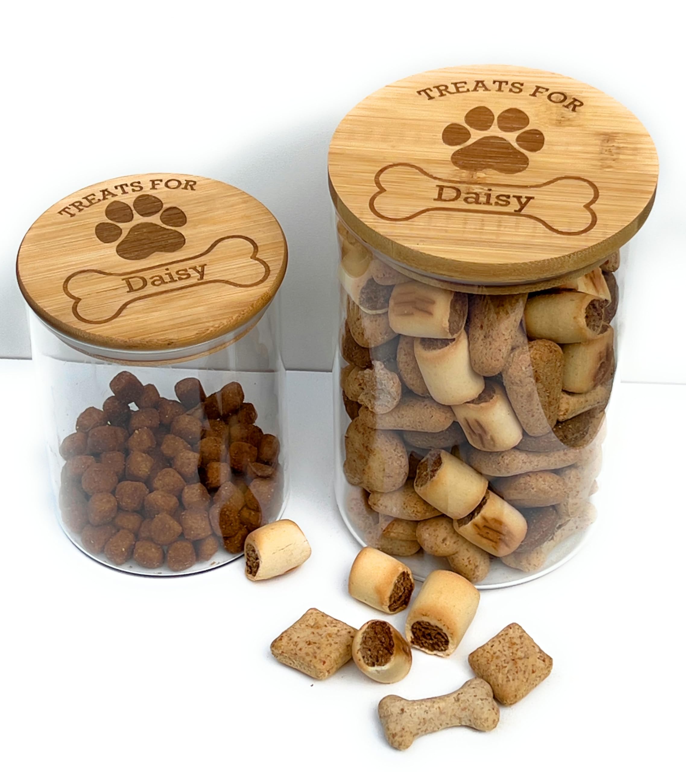 Dog treats jar personalised with name. Engraved Bamboo Lid. Pet treats storage .