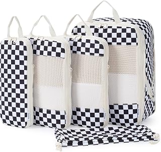 Narwey 5 Set Compression Packing Cubes Travel Organizer, Packing Cubes Compressible for Carry on Luggage Suitcase, Travel Essentials Accessories with Laundry Bag (Black Checkerboard)