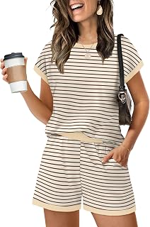 WIHOLL Two Piece Sets for Women Summer Lounge Short Sets Cap Sleeve Crew Neck Sweatsuit with Pocket XS-2XL