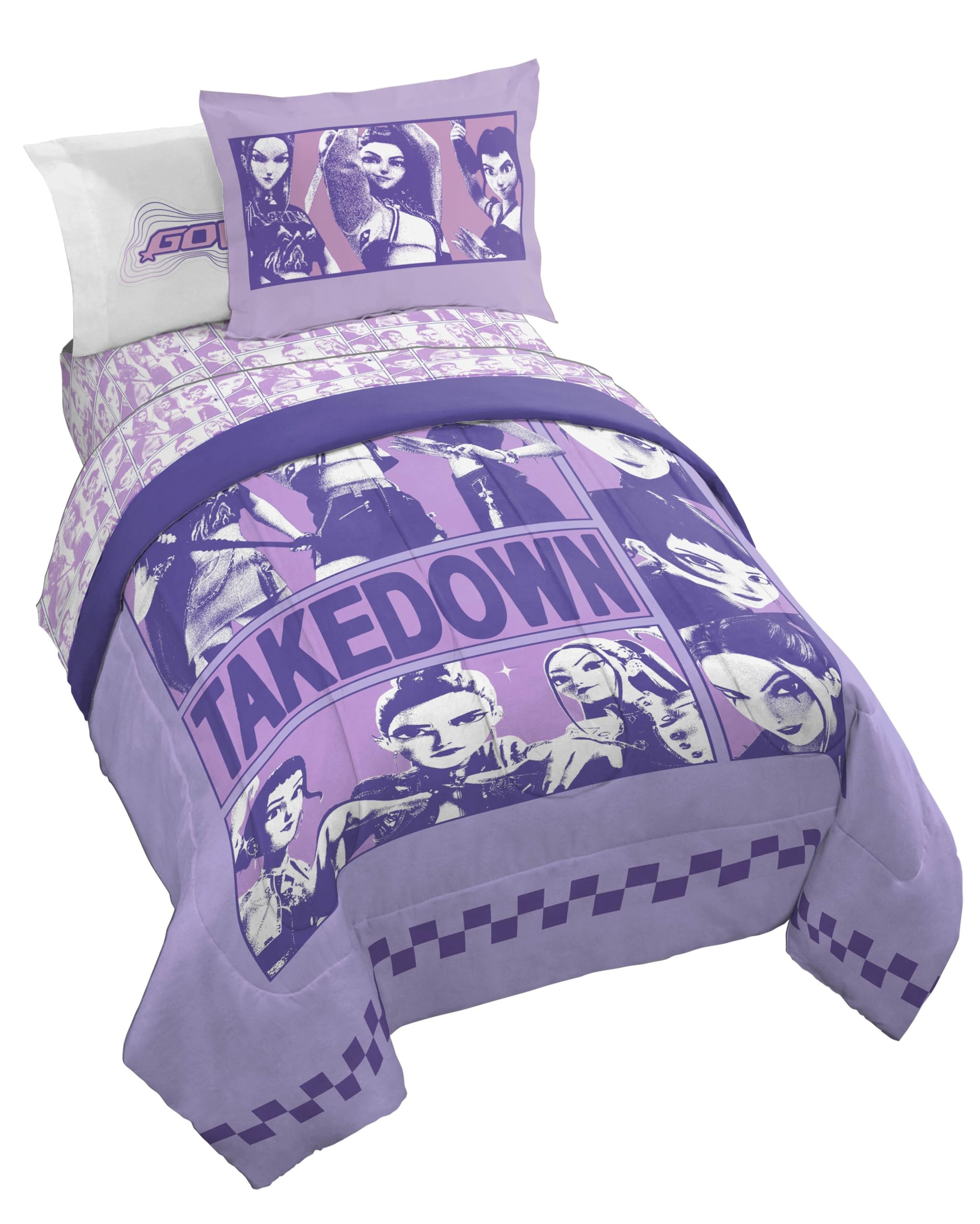 KPOP Demon Hunters Twin Comforter Set 5 Piece Kids Cartoon Bedding, Purple | Bed