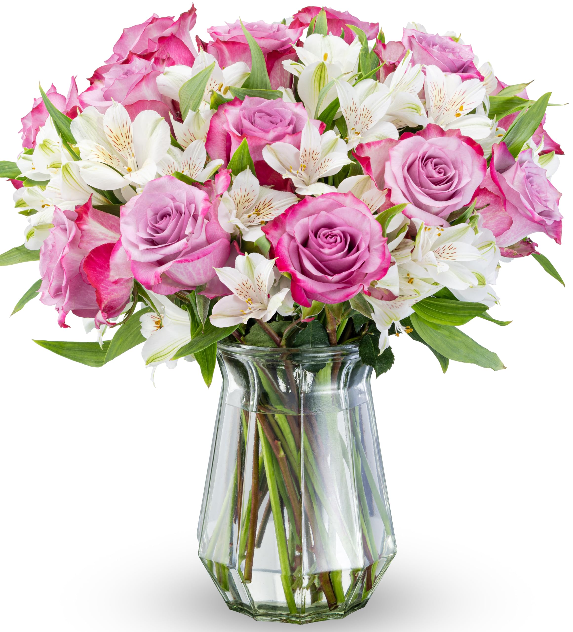 Benchmark Bouquets - Delightful Roses & Alstroemeria (Glass Vase Included) - Fre