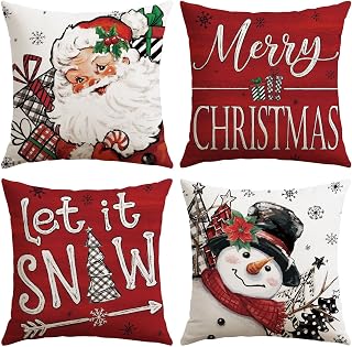 Sungeek Set of 4 Christmas Cushion Covers, Decorative Linen Throw Pillow Covers for Bed, Sofa, Bedroom, Living Room (40 x 40 cm, Snowman Santa Claus, Red)