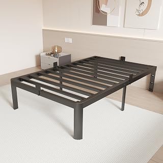 14 Inch Twin Bed Frames, Metal Twin Bed Frame No Box Spring Needed, Heavy Duty Steel Support 3500 LBS, Headboard Holes, Anti-Slip Mattress Stoppers, Rounded Legs, Storage Space, Easy Assembly