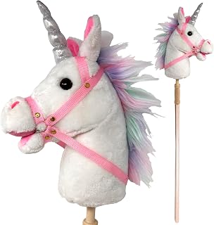 Stick Horse Unicorn | Plush Handcrafted Hobby Horse Stick Pony, Pink/White | Provides Fun Pretend Play for Toddlers & Preschoolers | Handsewn, Sturdy Wood, and Sound Effects (Unicorn)