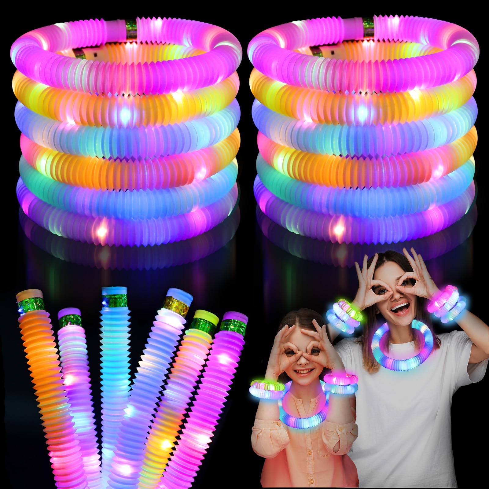 Light Up Pop Fidget Tubes Party Favors for Kids, 12 Pack Glow in The Dark Party 